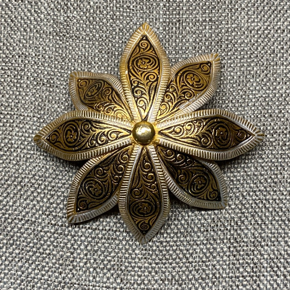 Vintage 1960s Damascene Made in Spain Flower Three Dimensional Brooch